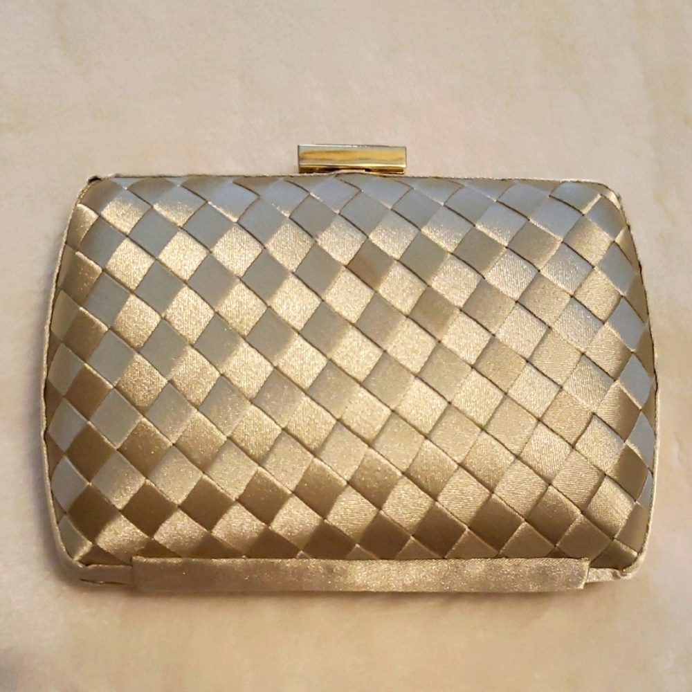 Tasha Woven Clutch Bag, Light Tan, Gold Color Strap Chain.